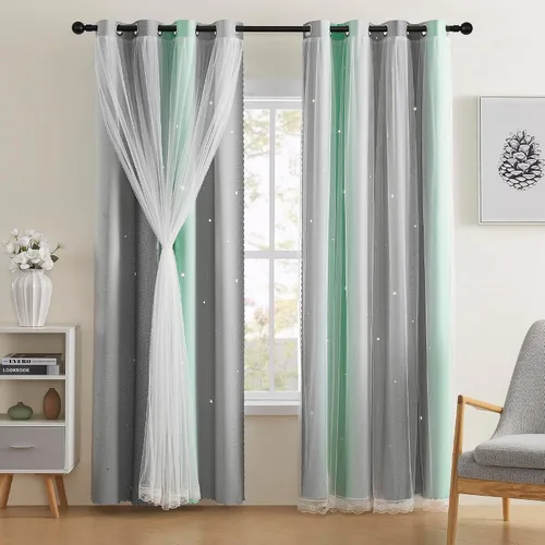 Miniatura 60 de XiDi Cortinas opacas con estrellas para habitaciones de niños, cortinas verdes para ventana de dormitorio de niños, azul y gris, 52 pulgadas de Azul