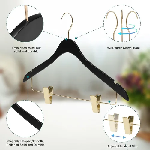 Miniatura 6 de 20 perchas ultra finas de lujo de 16.5 pulgadas para faldas de madera negra que ahorran espacio, gancho giratorio de 360 grados, lo mejor
