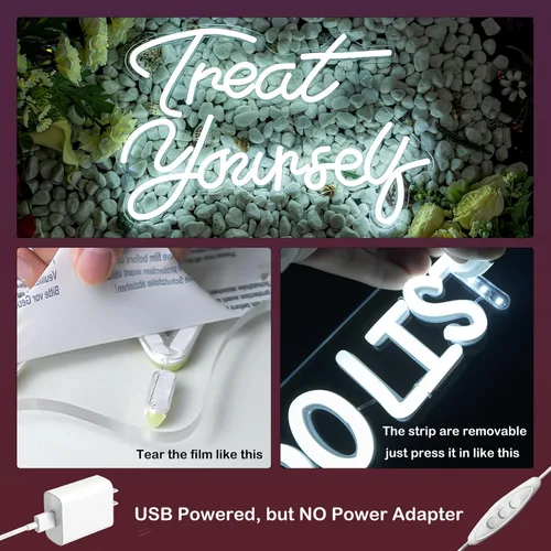 Miniatura 5 de Letreros de neón Treat Yourself LED blanco para pared de dormitorio luces de neón con letras letreros de boda decoración de habitación de neón