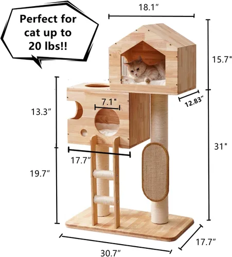 Miniatura 7 de SHENGOCASE Moderno castillo grande de madera maciza de goma maciza para gatos con cama grande cerrada, condominio, poste rascador y rascador