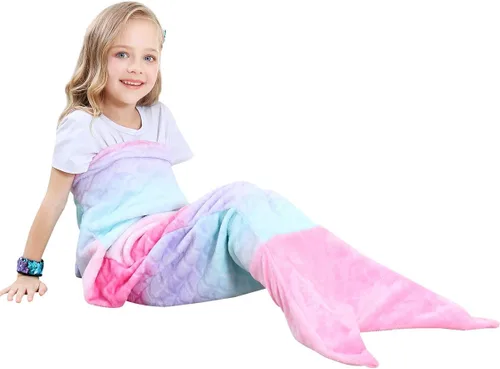 VHOME Manta de Sirena para Niños - Cálida Manta para Sala de Estar y Sofá, Mantas Abraciciosas para Niños, Regalo de Cumpleaños (K1-Rosa, Niños 47''