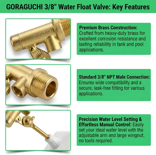 Miniatura 4 de Válvula de flotador de agua de 3/8 pulgadas, con brazo ajustable de latón, llenado automático y válvula de control de nivel de agua, para onds