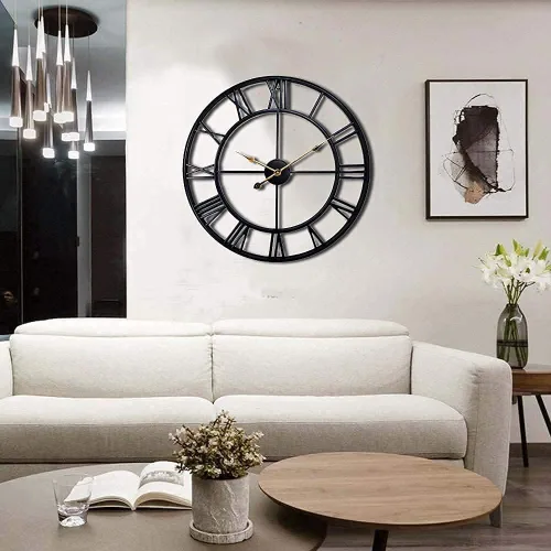 Miniatura 4 de Reloj de pared grande de 20 pulgadas para decoración del hogar para sala de estar, relojes de arte de hierro sin tictac, números romanos, metal Negro