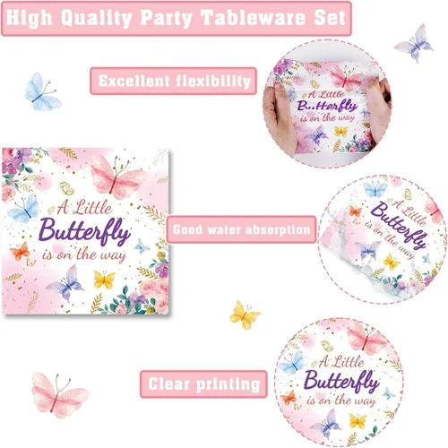 Miniatura 3 de 96 piezas de suministros para fiesta de baby shower con mariposas, una pequeña mariposa está en camino, platos de papel, servilletas, decoración