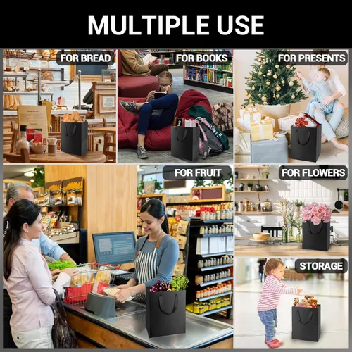 Miniatura 4 de EUSOAR Bolsas de compras para boutique, 20 piezas de 7.8 x 3.9 x 11 pulgadas, bolsas de regalo de papel kraft negro medianas resistentes con asa