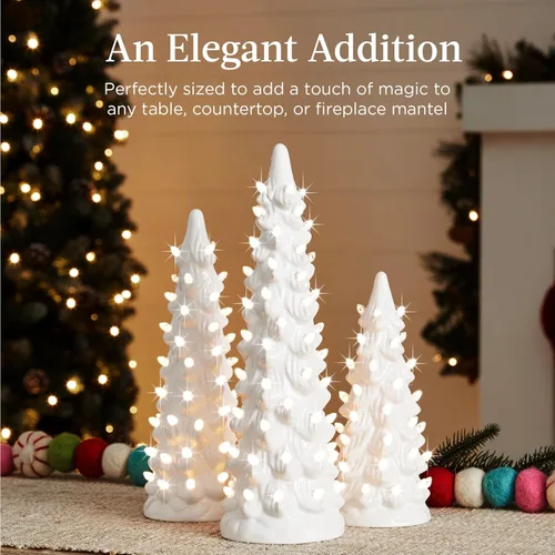 Miniatura 5 de Best Choice Products Juego de 3 árboles de Navidad de cerámica, decoración navideña de mesa pintada a mano con bombillas blancas cálidas, luces LED