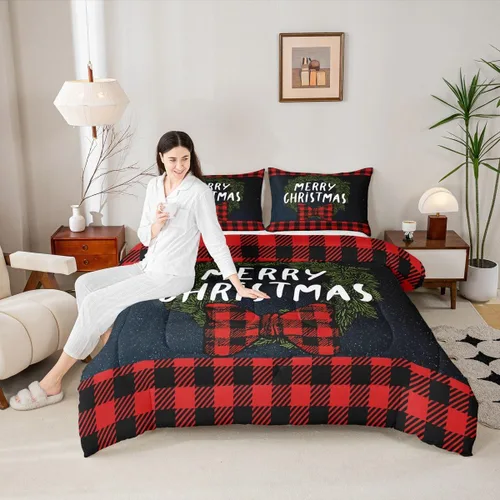 Miniatura 28 de Juego de edredón de Feliz Navidad para niños, tamaño twin, juego de ropa de cama de camión rojo árboles de pino copos de nieve, decoración