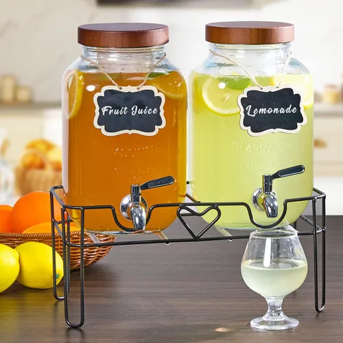 Miniatura 6 de Paquete de 2 dispensadores de bebidas de vidrio de 1 galón con soporte, tapas de bambú e infusor de frutas, espita a prueba de fugas de acero Marrón