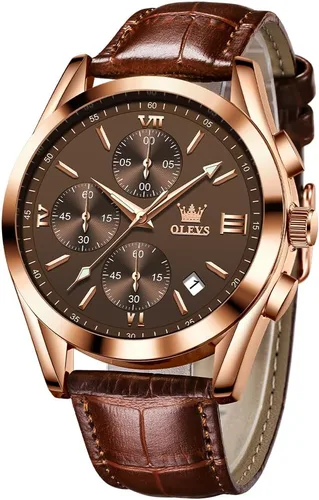 Miniatura 16 de OLEVS - Relojes para hombre, de cuero marrón, caja dorada, analógico, de cuarzo, de moda, para negocios, reloj de vestir, con fecha, luminoso