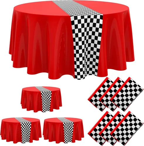 Miniatura 10 de Oudain 3 piezas de suministros para fiesta de cumpleaños de autos, decoraciones para fiestas de carreras, mantel redondo de carreras con bandera a