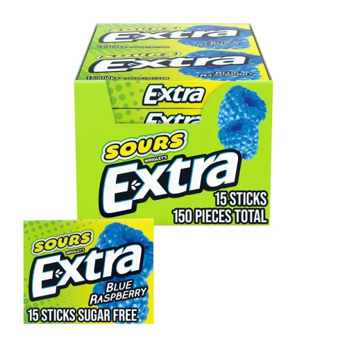 EXTRA SOURS Chicle Sin Azúcar de Frambuesa Azul Dulce Agrio Chicle de Fruta, Paquete de 15 Barras, 10 Unidades