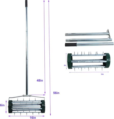 Miniatura 2 de Aireador de césped rodante resistente de 16 pulgadas con picos afilados y mango antideslizante, aireador de empuje para jardín, patio, herramienta