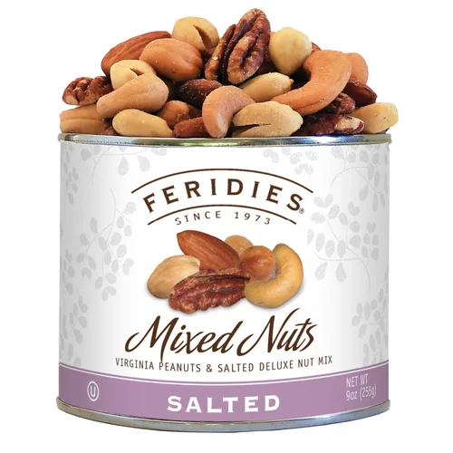 FERIDIES Frutos secos de lujo surtidos salados (255 gramos) en lata con envasado al vacío. Anacardos, almendras, nueces de pecán, avellanas y Mixed