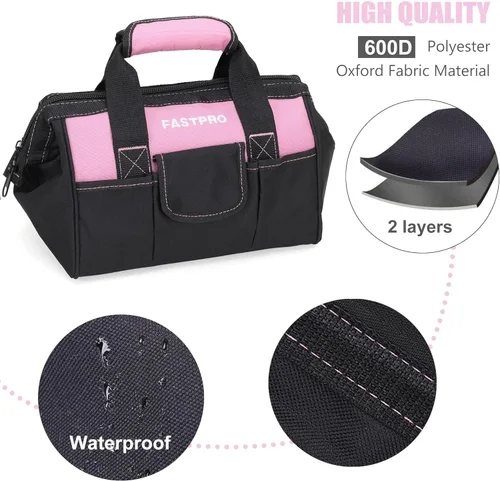 Miniatura 2 de FASTPRO Bolsa de herramientas rosa de 12 pulgadas, almacenamiento abierto de boca ancha con cremallera, material de tela de poliéster 600D para una