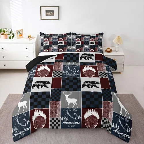 Miniatura 193 de Juego de edredón de oso y ciervo, tamaño individual, ropa de cama de animales salvajes de caza, colcha rústica de cabaña, casa de campo, cuadros