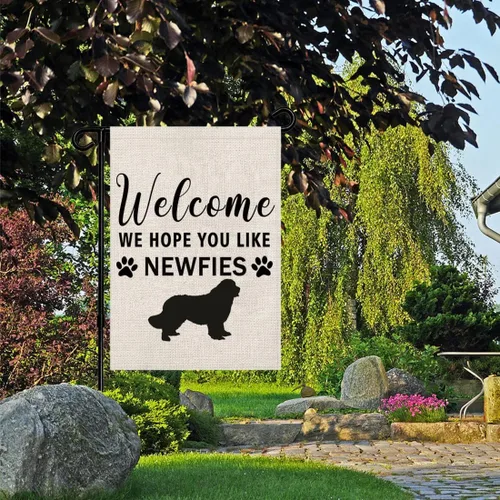 Miniatura 3 de PWHAOO Newfie - Bandera de jardín con texto en inglés "Welcome We Hope You Like Newfie", bandera de jardín de Terranova, regalos para amantes