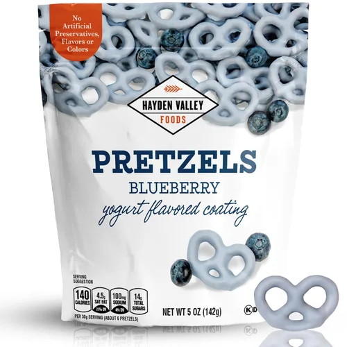 Hayden Valley Foods Pretzels cubiertos con sabor a yogur de arándanos | Bolsa resellable de 5 onzas | Pretzels azules con sabor gourmet