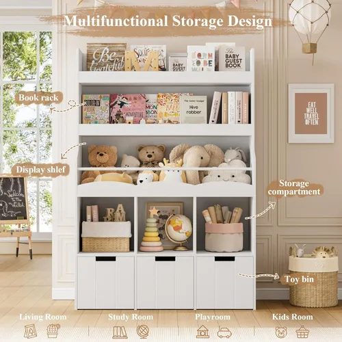 Miniatura 6 de HITHOS Estantería infantil de 55.3 pulgadas de alto con organizador de almacenamiento de juguetes, estante alto para libros con 3 contenedores Blanco