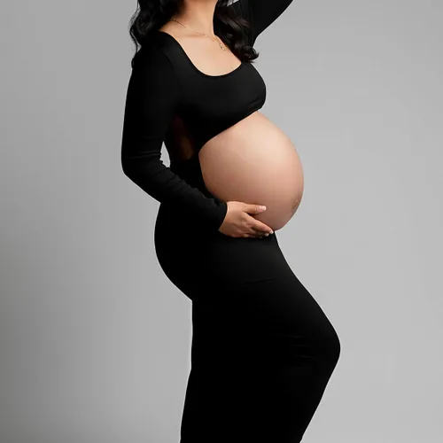 Miniatura 3 de AIFOTO Vestido de maternidad sexy expuesto vientre de manga larga sin espalda cuello cuadrado recortado vestidos de fotografía vestidos de sesión
