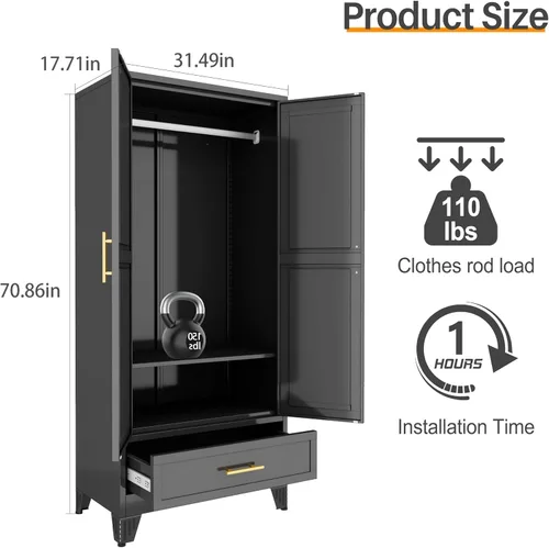 Miniatura 2 de RIETERN Armario Ropero de Metal, 71" de Alto Armario de Dormitorio con Espejo, 1 Cajón, Estantes Ajustables, y Barra para Colgar, Armarios de Acero