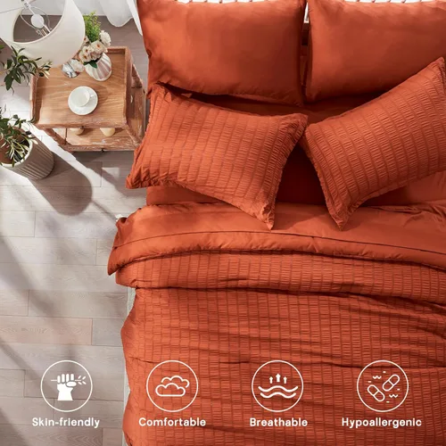 Miniatura 3 de Zzlpp Juego de edredón King de 7 piezas, ropa de cama de seersucker naranja quemado en una bolsa con sábanas, juegos de ropa de cama ligeros con 1