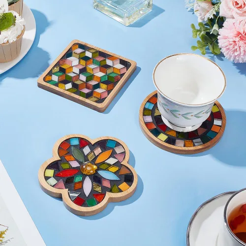 Miniatura 6 de WEBEEDY Juego de 3 posavasos de mosaico para manualidades, kits de mosaico de colores mixtos de vidrio con posavasos de bambú para adultos