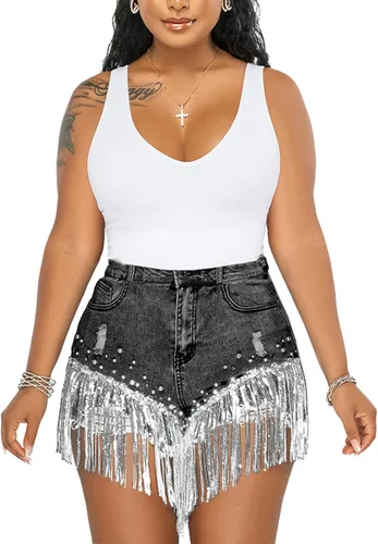 Miniatura 3 de LifeShe Pantalones cortos de mezclilla para mujer con cuentas de perlas de diamantes de imitación