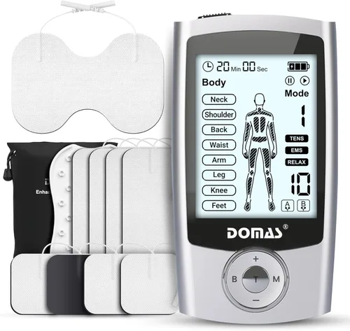 DOMAS Unidad TENS con almohadilla de mariposa de 4 x 6 pulgadas para aliviar el dolor de espalda baja, 8 programas corporales guiados, USB-C