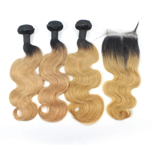Miniatura 3 de 1B/27 rubio ombre brasileño virgen paquetes con cierres 4pcs lote cuerpo onda 12 con 10 pulgadas ombre encaje cierre con teje pelo