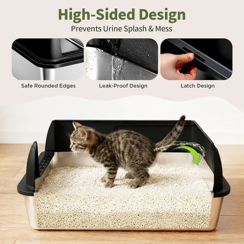 Miniatura 2 de Gimars Paquete de 2 cajas de arena de acero inoxidable XL para gatos grandes y mayores, bandeja de arena de metal para gatos múltiples con lados