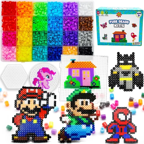 FUNZBO Kit de 5200 cuentas de fusible de 5mm - 24 colores | 66 patrones, juguetes de manualidades navideñas para niñas de 8 a 12 años, artes y