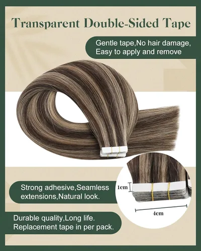 Miniatura 3 de Ugeat - Extensiones de cabello humano con cinta adhesiva, color marrón, extensiones de cabello humano, color marrón oscuro a rubio caramelo, Cinta