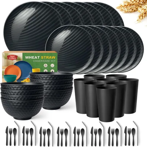 Miniatura 8 de Teivio - Juego de vajilla de paja de trigo de 32 piezas para cocina, juego de platos de plástico irrompible, servicio para 8, juego moderno de Negro