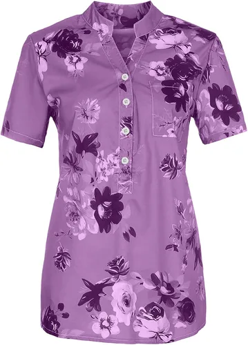 MRGIINRI Womens Tops 2023 Button Down Summer Fashion Floral Blouse Dressy Casual Short Sleeve Loose Fit Shirts with Pockets