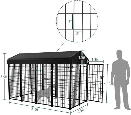 Miniatura 2 de Perrera para perros exteriores con techo, 8 x 6 x 4 pies para perros grandes, jaula soldada de alta resistencia con cubierta impermeable resistente