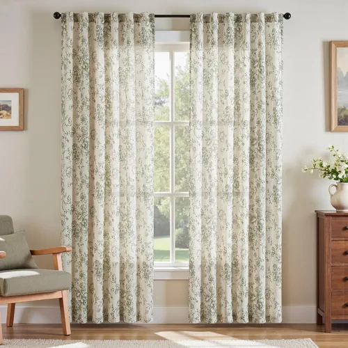 Miniatura 70 de Jinchan Cortinas de Mezcla de Lino con Estampado Floral para Sala de Estar, 84 Pulgadas de Largo, Cortinas con Bolsillo para Varilla y Tab Trasera