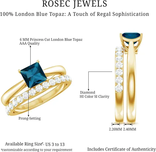 Miniatura 6 de Juego de anillos de boda de topacio azul Londres con diamante, juego de anillos solitarios de topacio azul de corte princesa para mujer (calidad AAA)