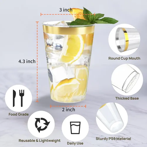 Miniatura 5 de Byvivace Vasos de plástico transparente de 12 onzas con borde dorado, resistentes y aptos para alimentos, desechables, copas de vino, copas de boda