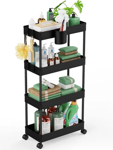 Miniatura 10 de LEHOM Carrito de almacenamiento delgado de 5.1 pulgadas, organizador de baño de 4 niveles, estantería móvil, carrito utilitario rodante, organizador