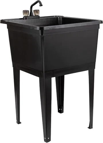 Tehila Basics de JS Jackson Supplies - Fregadero utilitario independiente negro de 21 galones con grifo de 2 manijas negro, bañera de lavandería de