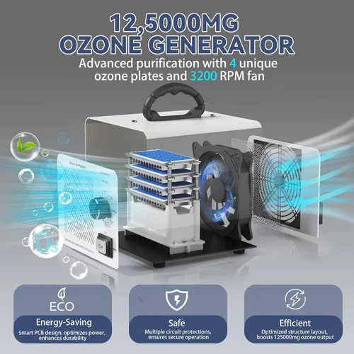 Miniatura 6 de Generador de ozono de 125,000 mg/h, máquina de ozono de alta capacidad y purificador de aire de iones negativos, ionizador de aire O3, eliminación