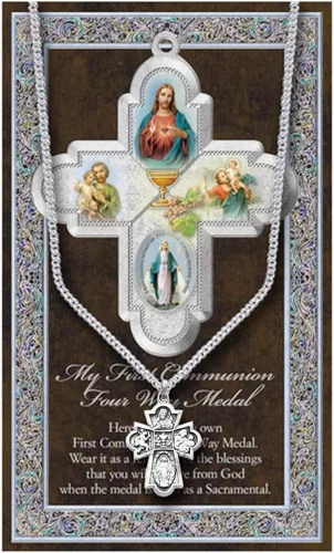 Rosemarie Collections Collar con colgante de cruz de cuatro vías para la primera comunión religiosa con tarjeta de oración, 18 pulgadas, Metal, N A
