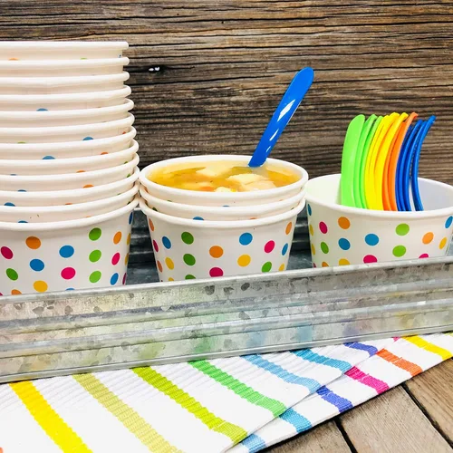Miniatura 2 de Copas de helado de papel de lunares de 8 onzas, cucharas de plástico, paraguas de papel, azul, naranja, amarillo, verde, kit de helado Sunddae