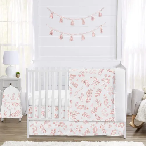 Sweet Jojo Designs Juego de ropa de cama para cuna de bebé niña con hojas florales rosadas y blancas, bohemio, bohemio, acuarela, flores botánicas,