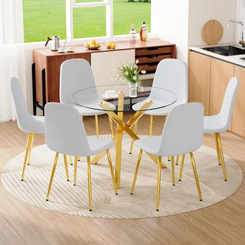 Miniatura 27 de Juego de mesa de comedor redonda para 6, juego de mesa de comedor de vidrio de 39 pulgadas con base de metal ajustable dorada en forma de X y 6