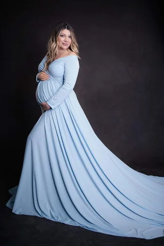 Miniatura 7 de Saslax - Vestido de noche de maternidad con hombros descubiertos, corte de medio círculo, para baby shower, fotos