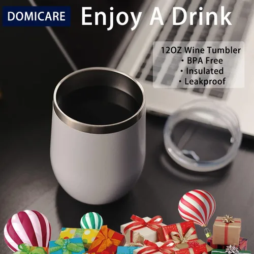 Miniatura 5 de DOMICARE - Juego de 16 vasos de vino de 12 onzas con tapa, hechos de acero inoxidable con aislamiento al vacío de doble pared, color blanco