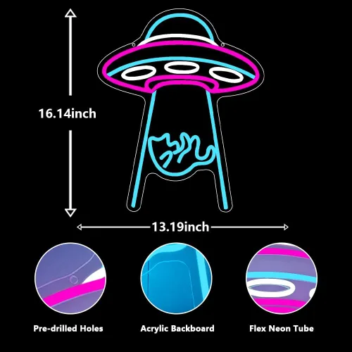 Miniatura 2 de Letrero de Neón de Gato OVNI, Gato OVNI Nave Espacial Viaje Espacial Luz de Neón LED Lámpara Nocturna Fanáticos de Astronomía Sala de Juegos Cueva