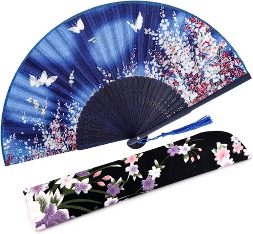 Miniatura 21 de Abanico plegable de seda y bambú, 8.27 pulgadas (21 cm), estilo retro, vintage, elegante y encantador, chino/japonés, regalo para mujeres y niñas