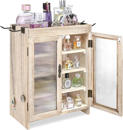 Miniatura 10 de Ikee Design Armario de almacenamiento de madera para encimera. Organizador personalizable con estantes ajustables, puerta de ventana de vidrio